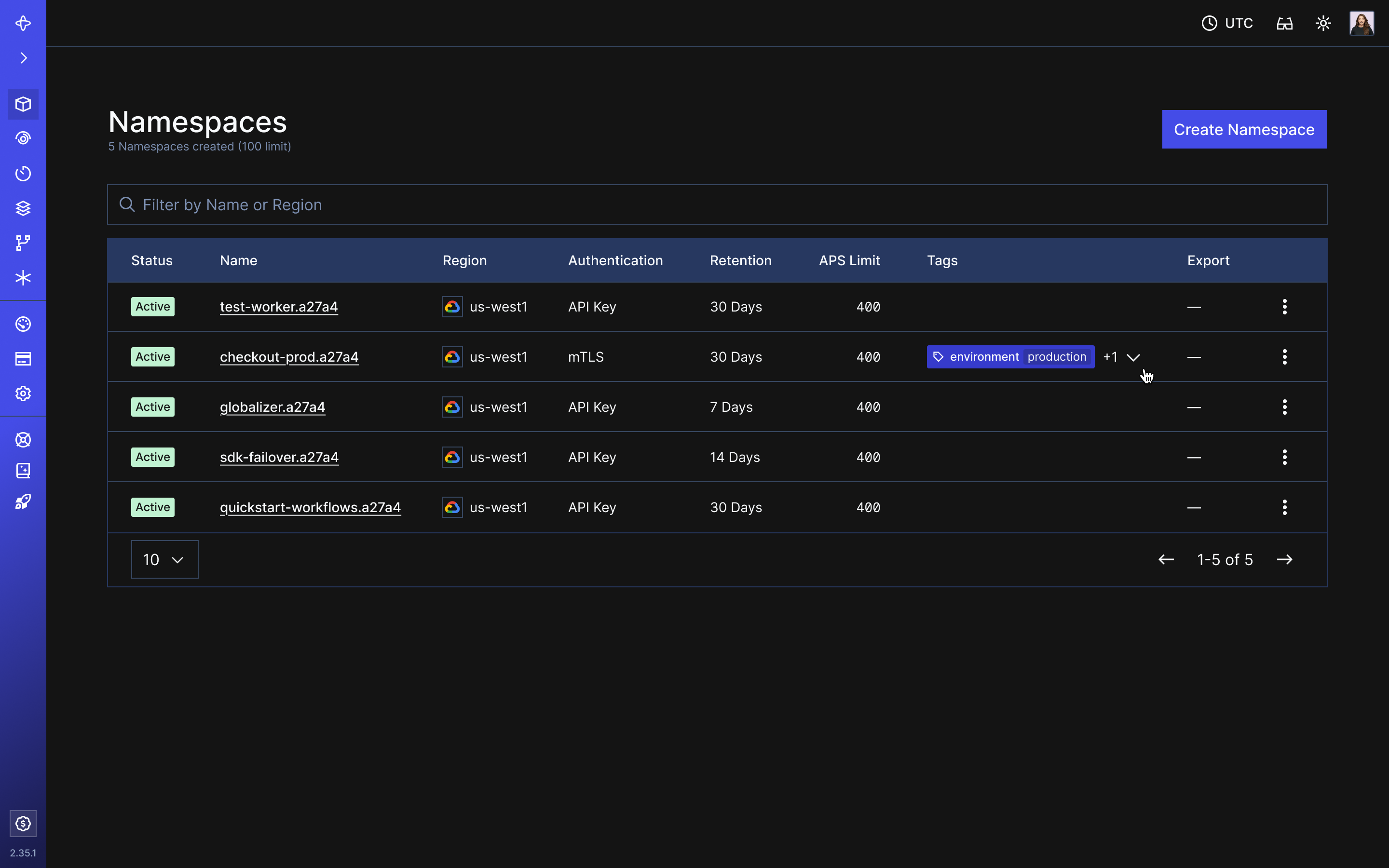 Tags appear on the list of namespaces